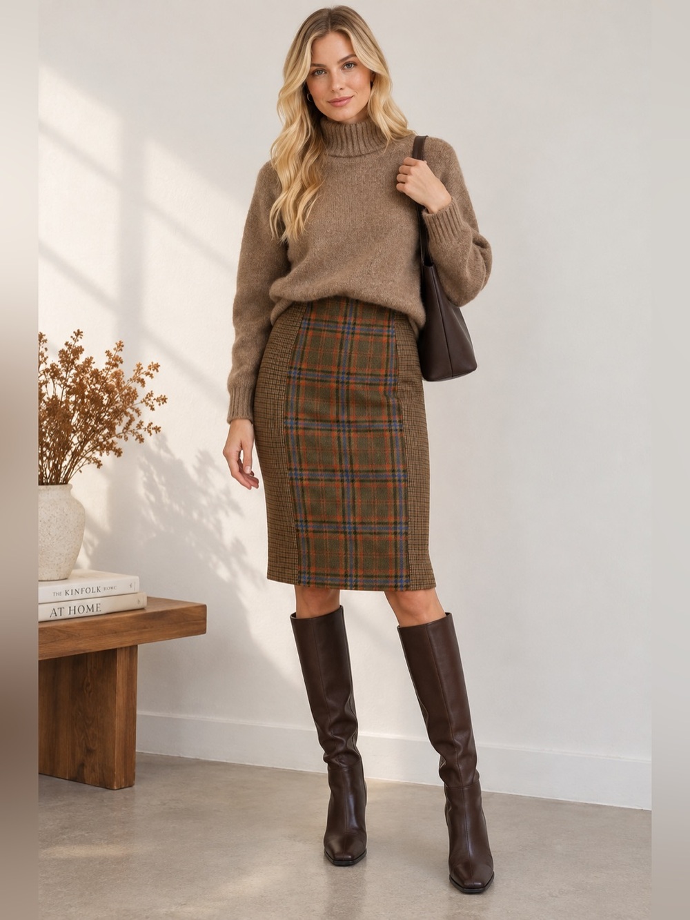 Jenni Kayne 100% Wool Silk Linning Plaid Houndstooth Pencil Skirt Size 2